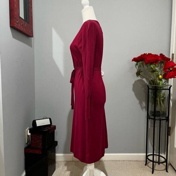 NEW BCBGMAXAZRIA Belted Tailored Plunge Midi Sweater Dress Crimson Red Small NWT - Picture 13 of 15